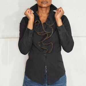 Vintage Ravel Black Button Up Blouse with Zipper Trimmed Ruffle  - SIze 8P